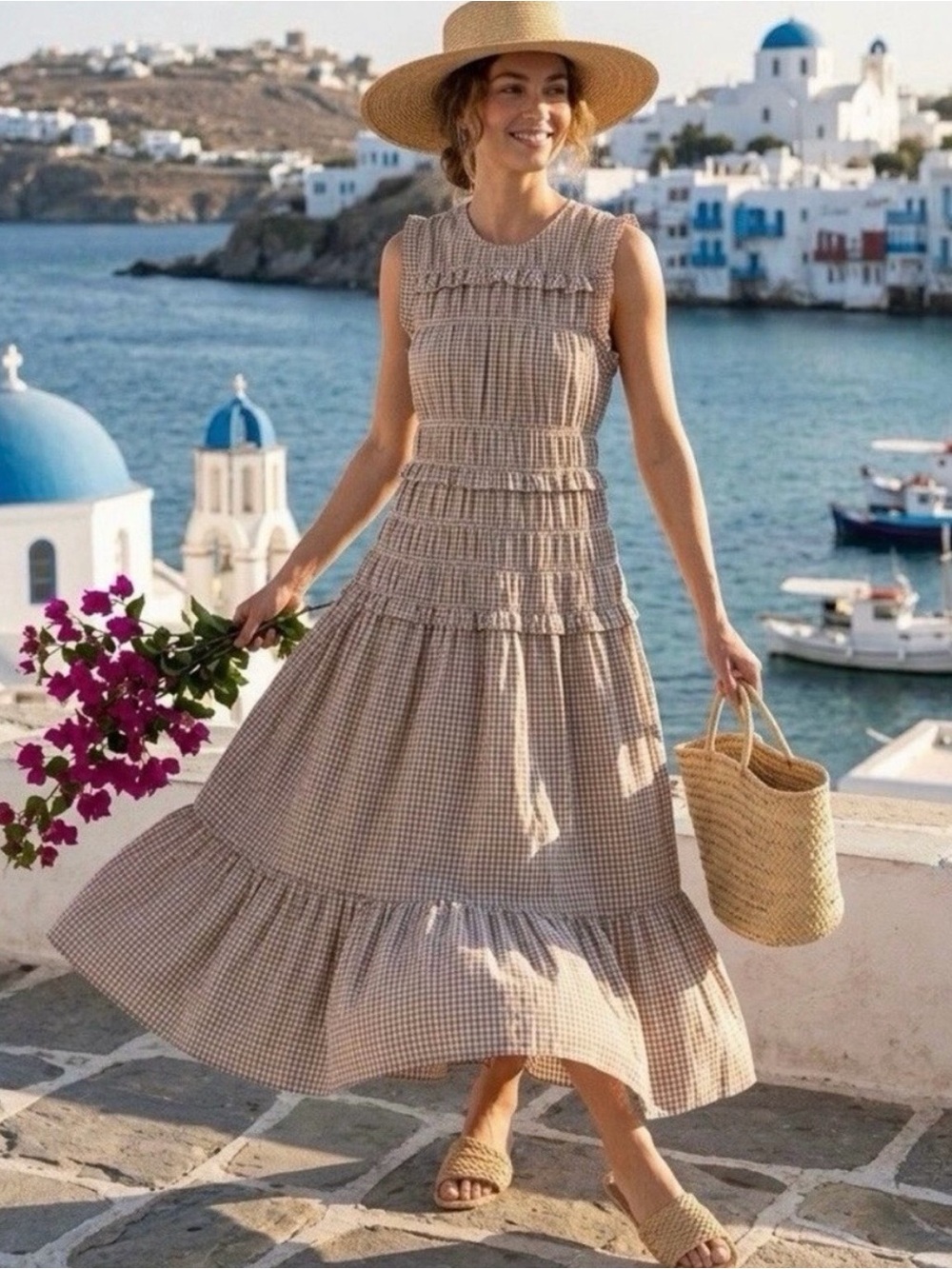 CAROLINE  CONSTAS Beige Gingham Ruffle Maxi Dress | Size Small